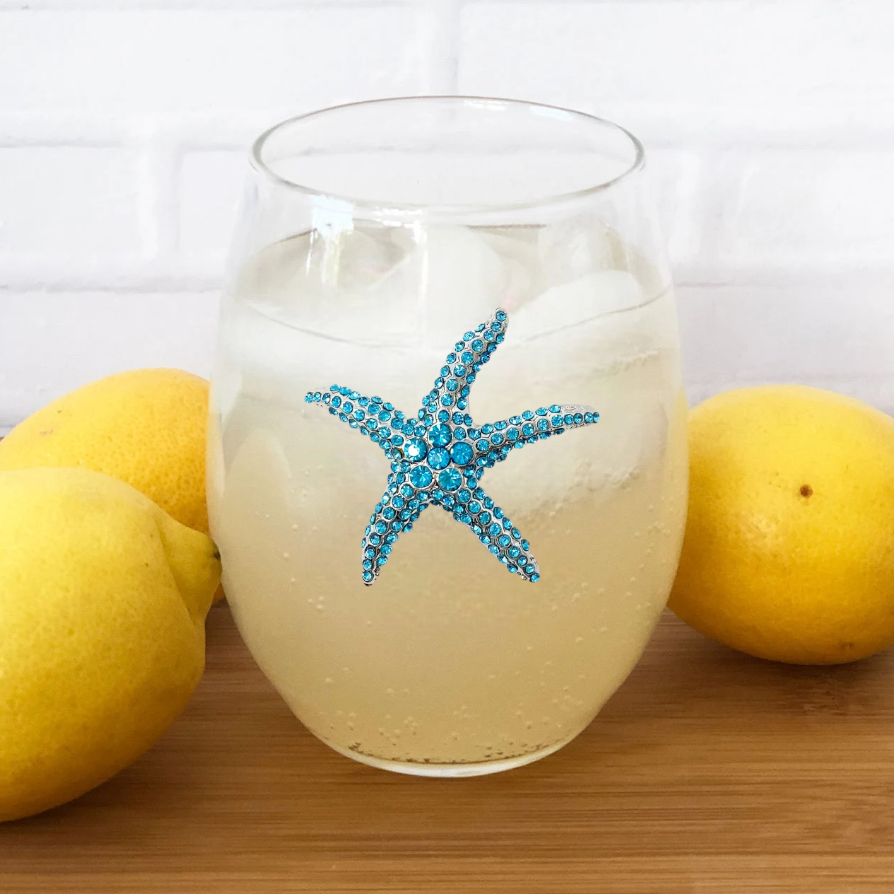 Blue Starfish Jeweled Stemless Wine Glass